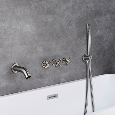 Badewannenarmatur mit 3 Griffen zur Wandmontage und Sprühgerät, Wasserfall-Badewannenarmatur aus gebürstetem Nickel