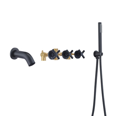 Badewannenarmatur zur Wandmontage mit Handbrause, Wannen-Duscharmatur mit 3 Griffen, mattschwarz