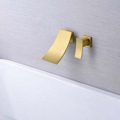 Badewannenarmatur zur Wandmontage in gebürstetem Gold mit Wasserfallauslauf