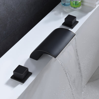 An Deck montierter, mattschwarzer römischer Wannenhahn, Wasserfall-Badewannenhahn mit extra hohem Durchfluss