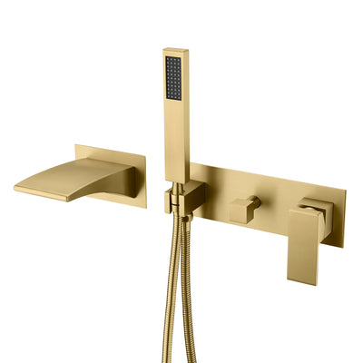 Badewannenarmatur zur Wandmontage in gebürstetem Gold mit Handbrause, Wasserfallauslauf mit Brause und Ventil