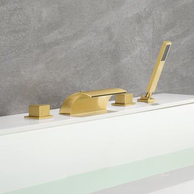 Umstell-Wannenhahn zur Deckmontage, Wasserfall-Wannenauslauf mit hohem Durchfluss und Handbrause in gebürstetem Gold