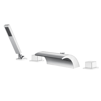 Römischer Wasserfall-Wasserhahn mit Doppelgriff und hohem Durchfluss, Umsteller und Handbrause, Chrom-Finish