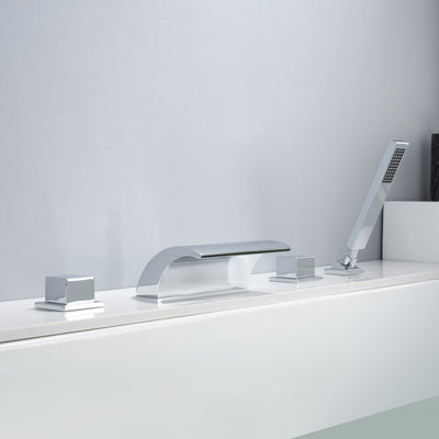 Römischer Wasserfall-Wasserhahn mit Doppelgriff und hohem Durchfluss, Umsteller und Handbrause, Chrom-Finish