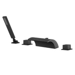 Schwarzer römischer Wannenhahn mit 4 Löchern und zwei Griffen für Deckmontage, Wasserfall, Umsteller und Handbrause