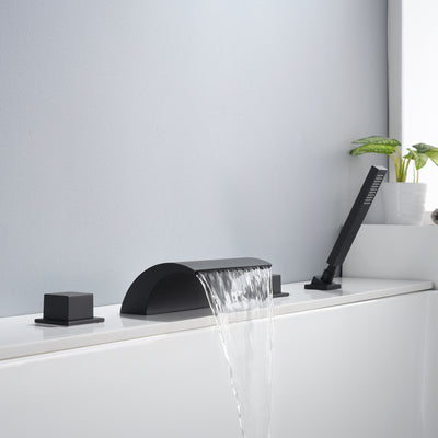 Schwarzer römischer Wannenhahn mit 4 Löchern und zwei Griffen für Deckmontage, Wasserfall, Umsteller und Handbrause