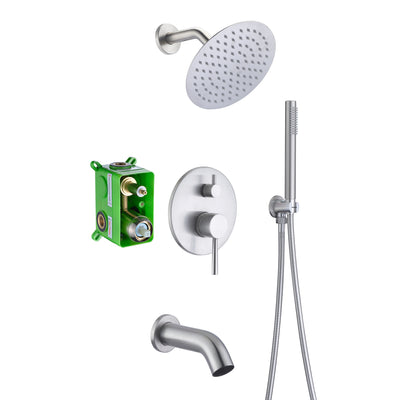 Duschsystem aus gebürstetem Nickel mit Wasserfall-Wannenauslauf, 8-Zoll-Regendusche und Handbrause im Lieferumfang enthalten